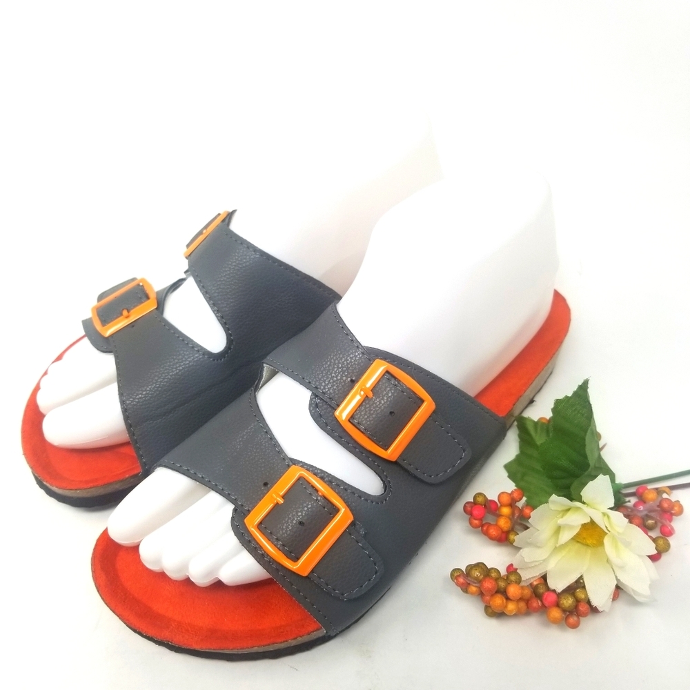 Colorful, gray/orange Birkenstock style sandals.